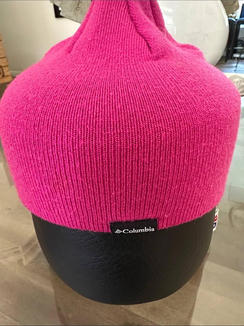Columbia Pink Bear Knit Pom Pom Hat with Black Pom